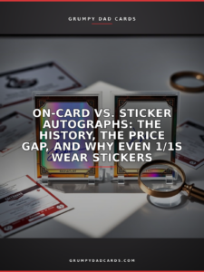 Featured image for "On-Card vs. Sticker Autographs: The History, the Price Gap, and Why Even 1/1s Wear Stickers" - Grumpy Dad Cards